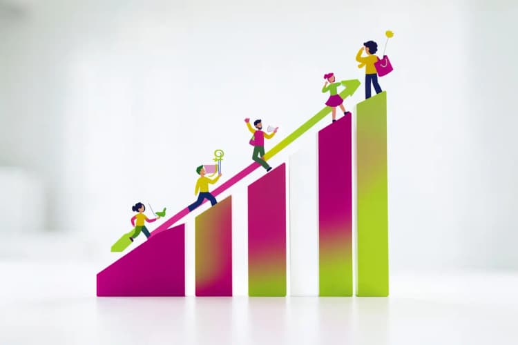 Um gráfico de barras ascendente com ícones de pessoas representando diferentes criadores, simbolizando o crescimento e o alcance da campanha.