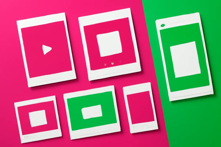 Uma colagem de diferentes tipos de conteúdo de mídia social, como vídeos curtos, posts de carrossel e stories, dispostos de forma dinâmica.