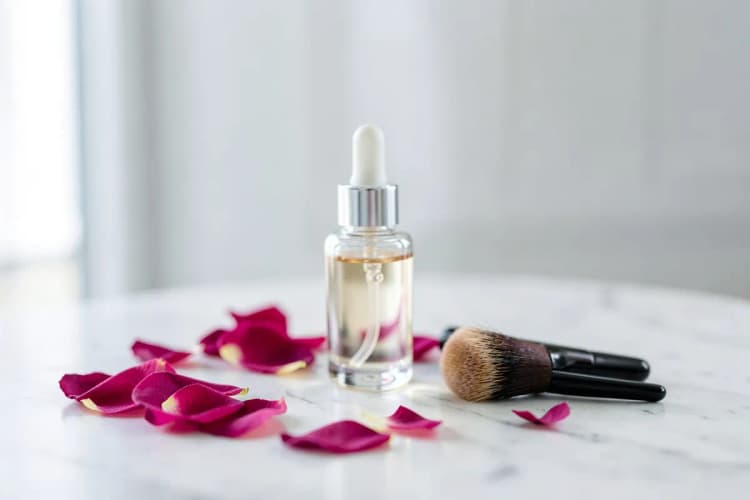 Um frasco de sérum de beleza com conta-gotas ao lado de um pincel de maquiagem e pétalas de rosa sobre uma superfície de mármore claro, com foco suave.