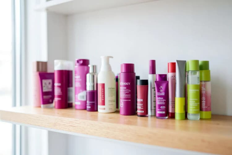Uma variedade de produtos de beleza, como cremes e loções, organizados em uma prateleira de madeira clara com iluminação suave e natural.