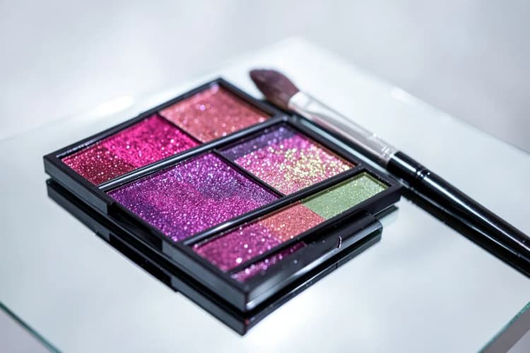 Uma paleta de sombras com cores vibrantes e cintilantes, com um pincel de maquiagem deitado ao lado dela sobre uma superfície espelhada.