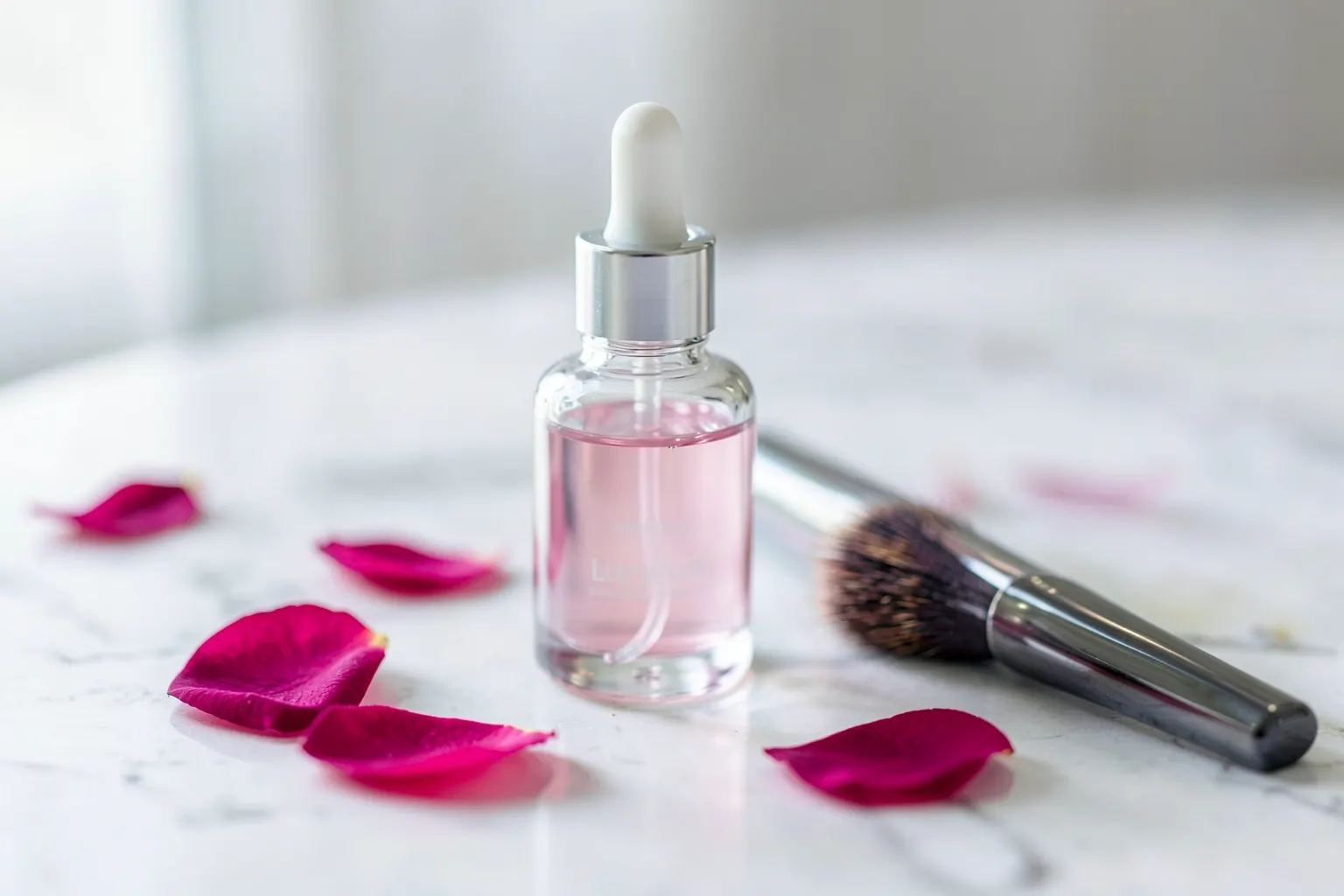 Um frasco de sérum de beleza com conta-gotas ao lado de um pincel de maquiagem e pétalas de rosa sobre uma superfície de mármore claro, com foco suave.
