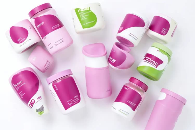 Uma seleção de diferentes potes de suplementos com rótulos variados, dispostos em um fundo branco.