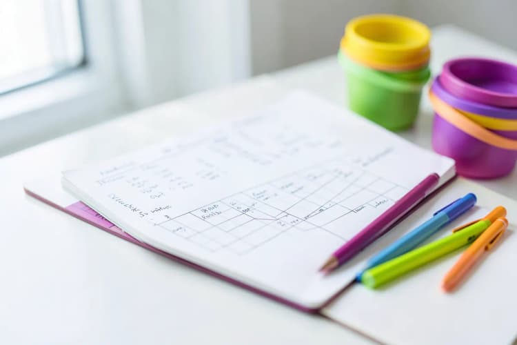 Uma pessoa montando um plano de marketing em um caderno com canetas coloridas e potes de suplementos ao lado.