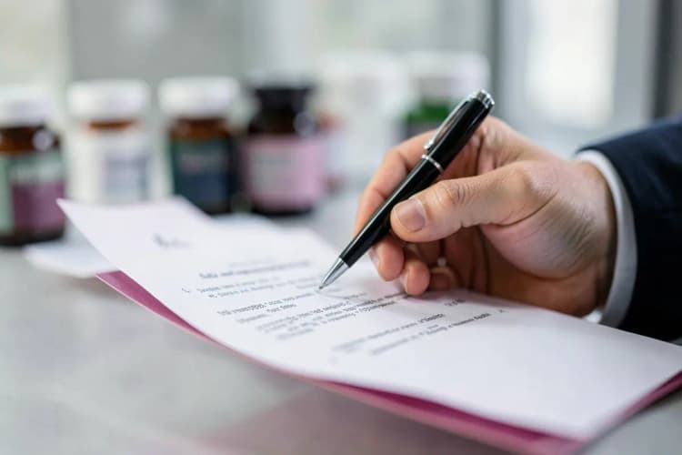 Uma mão segurando um contrato com uma caneta, com potes de suplementos desfocados ao fundo.