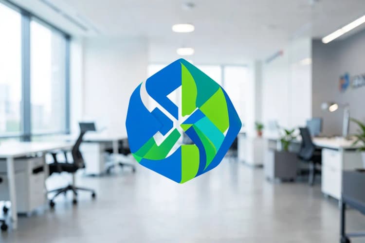 Um logotipo abstrato com formas geométricas interconectadas em tons de azul e verde, representando conexão e crescimento.