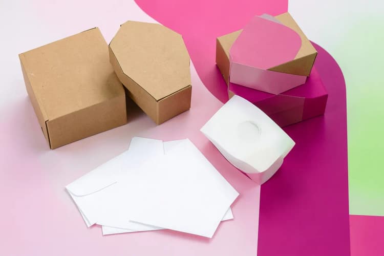 Uma variedade de itens de embalagem, como caixas, envelopes e fita adesiva, dispostos sobre uma mesa.