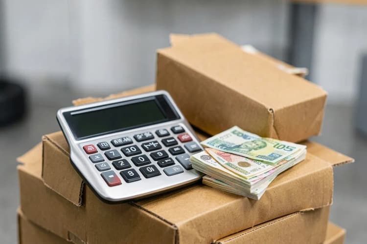 Uma calculadora e notas de dinheiro sobre um fundo de caixas de papelão.