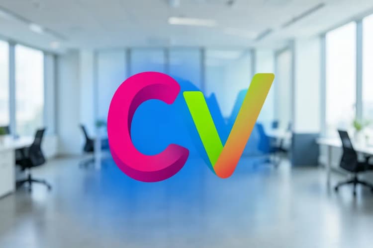 Um logotipo estilizado com as letras "CV" em um fundo azul abstrato.