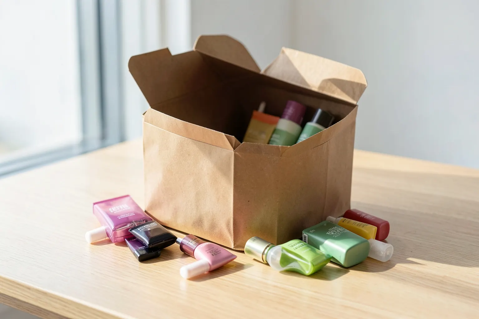 Um pacote marrom aberto com produtos de beleza saindo dele, em cima de uma mesa de madeira clara, com luz natural vindo da janela ao lado.
