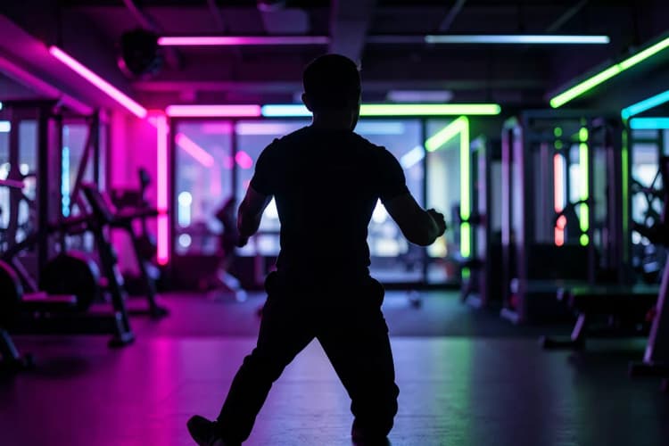 Uma pessoa em silhueta malhando em uma academia com luzes de neon coloridas.