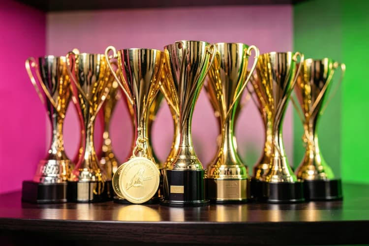 Uma coleção de medalhas de ouro e troféus em uma prateleira de madeira escura.