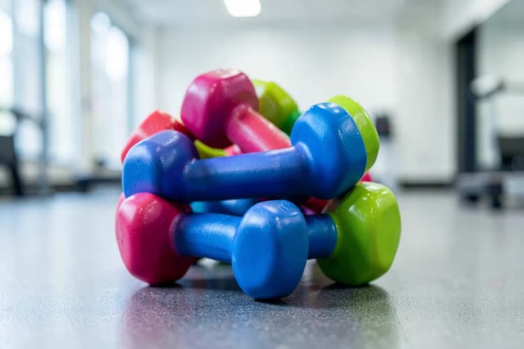 Pilha de halteres coloridos em um piso de academia, com foco em um halter azul.