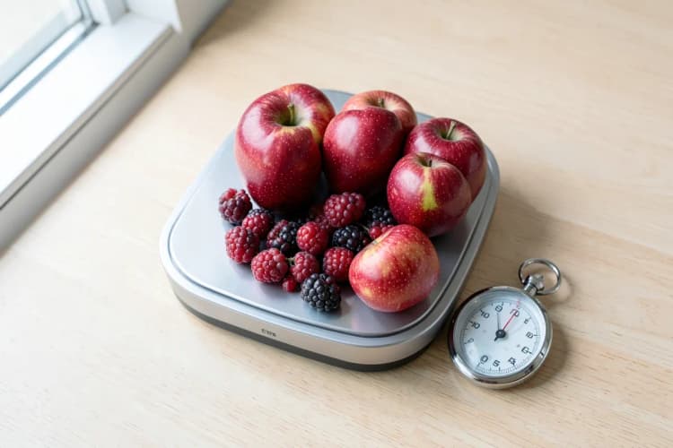 Balança de cozinha com frutas frescas e um cronômetro sobre uma bancada de madeira.