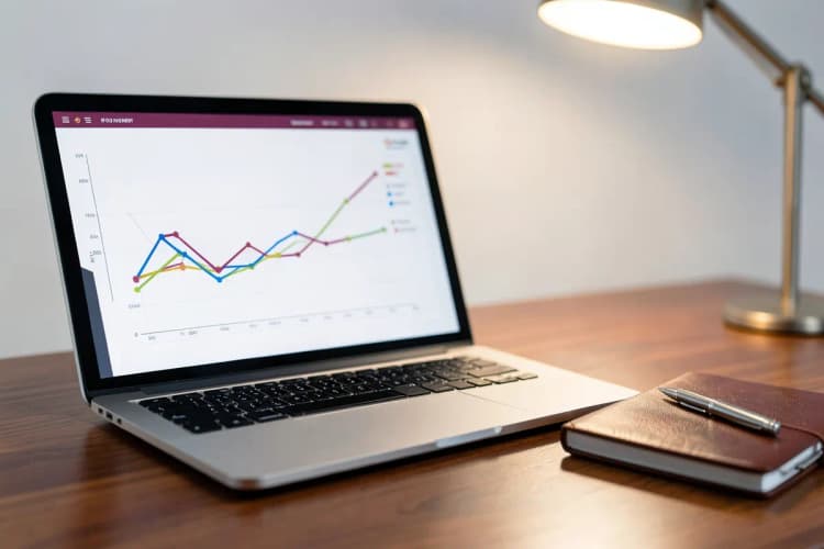 Laptop aberto exibindo um gráfico de crescimento em uma mesa com um caderno e caneta.