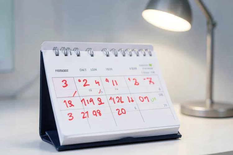 Um calendário com dias marcados em vermelho indicando atrasos.