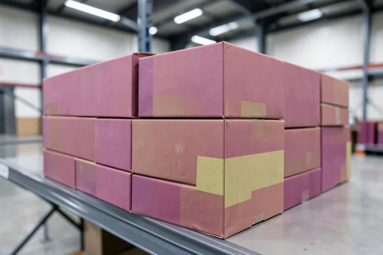 Pilha de caixas de papelão organizadas em uma prateleira de armazém, plano médio, luz industrial, sem pessoas.