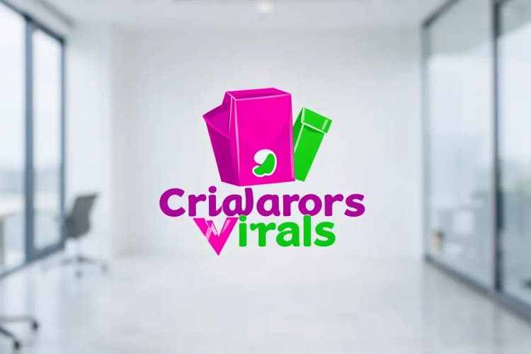 Logotipo estilizado da "Criadores Virais" com elementos gráficos de rede social e embalagem, plano médio, luz de estúdio, sem pessoas.
