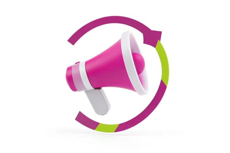 Um ícone de megafone com uma seta circular ao redor, sugerindo amplificação e reutilização de mensagens.