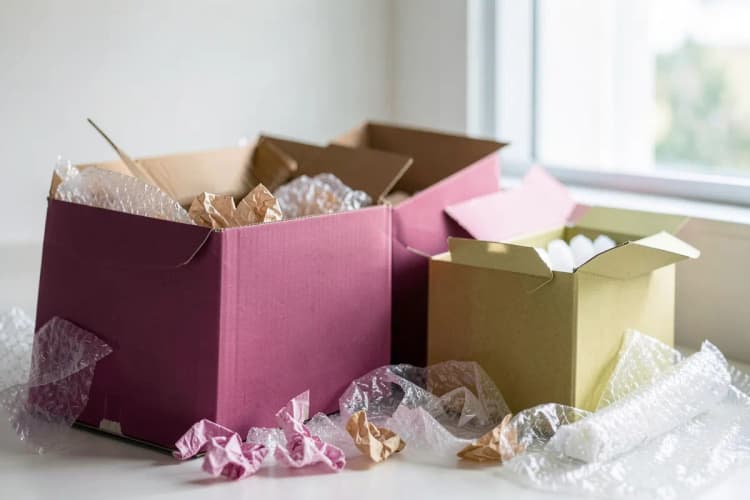 Caixas de papelão abertas com produtos de embalagem espalhados