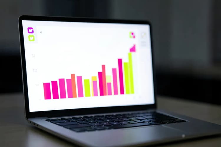Tela de laptop exibindo gráficos de crescimento e ícones de redes sociais.