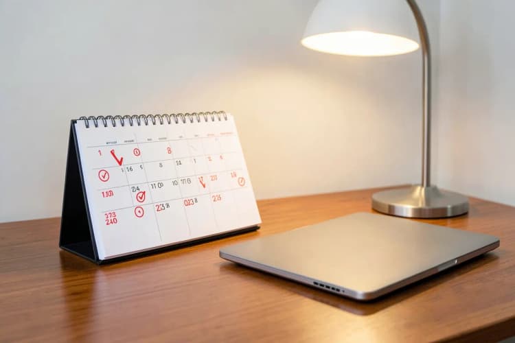 Um calendário aberto com marcadores em datas importantes e um laptop ao lado.
