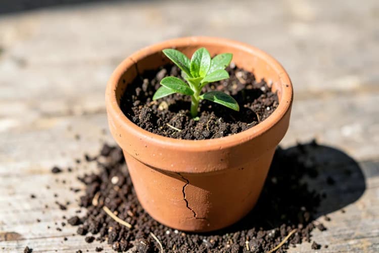 Uma planta crescendo em um vaso quebrado, com terra espalhada.