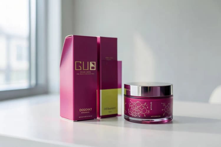 Uma composição de embalagens de cosméticos elegantes, incluindo frascos e potes, com foco em detalhes de design e textura, em um ambiente minimalista.