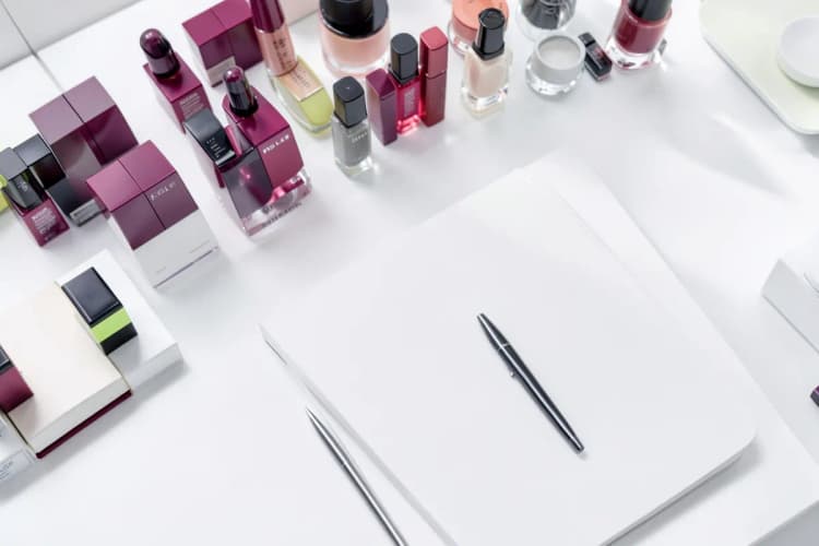 Uma visão aérea de um espaço de trabalho organizado com amostras de produtos de beleza, um laptop fechado e um pequeno caderno, sugerindo planejamento e estratégia.
