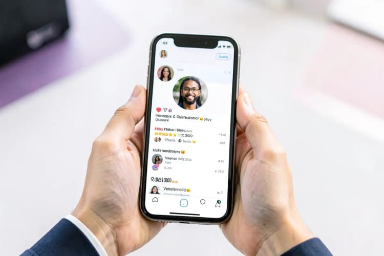 Mãos segurando um smartphone exibindo um perfil de influenciador digital com métricas de engajamento.