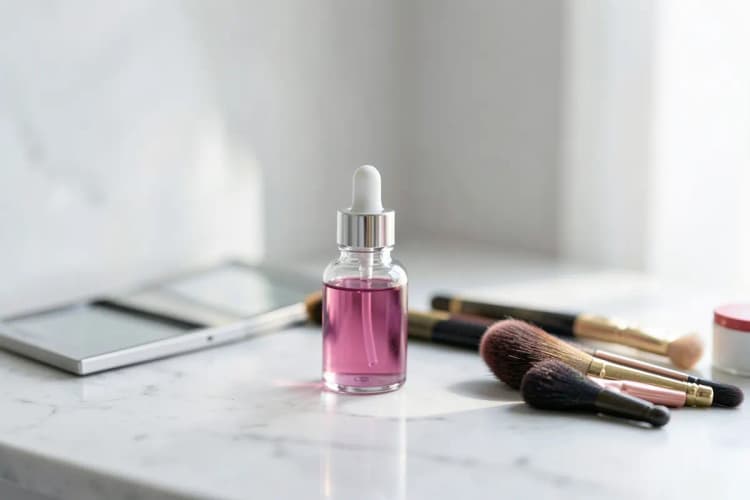 Um frasco de sérum facial com conta-gotas ao lado de pincéis de maquiagem e um espelho sobre uma superfície de mármore claro.