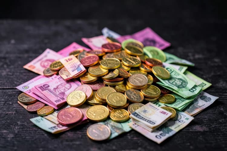 Um conjunto de moedas de ouro e notas de dinheiro dobradas espalhadas sobre um fundo escuro.