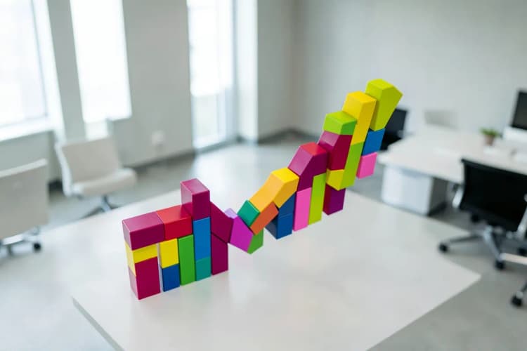 Um gráfico de linha ascendente feito de blocos de construção coloridos, simbolizando crescimento e qualidade.