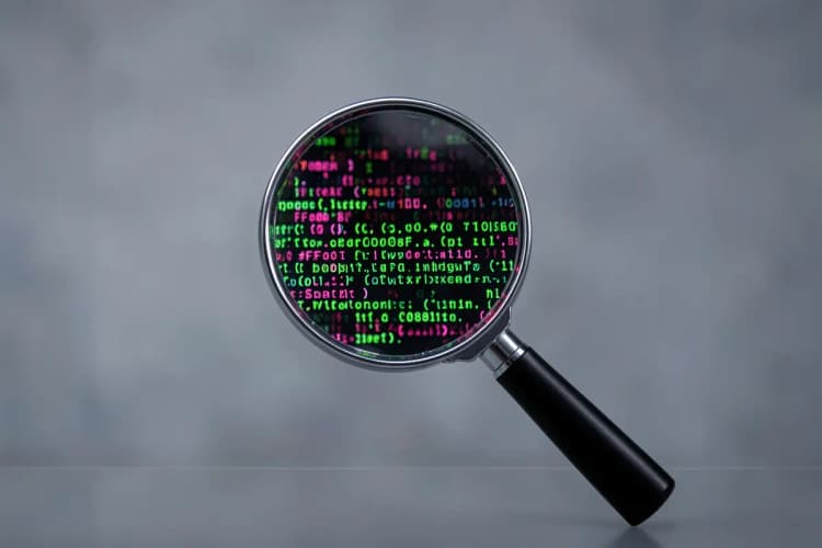 Uma lupa examinando um pedaço de código de computador, destacando a atenção aos detalhes.