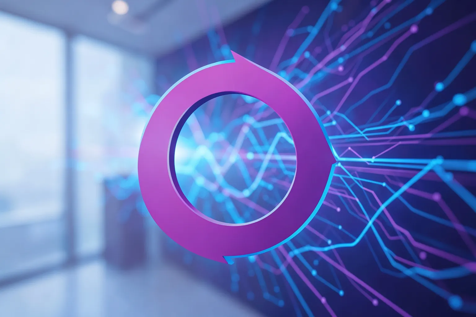 Um símbolo de troca com setas circulares sobre um fundo abstrato de dados digitais em tons de azul e roxo.