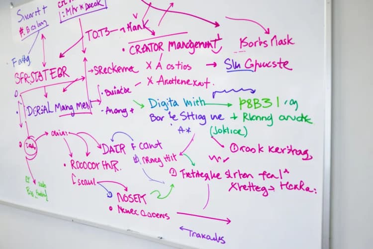 Um quadro branco com anotações e diagramas sobre gerenciamento de criadores e estratégias de marketing digital.