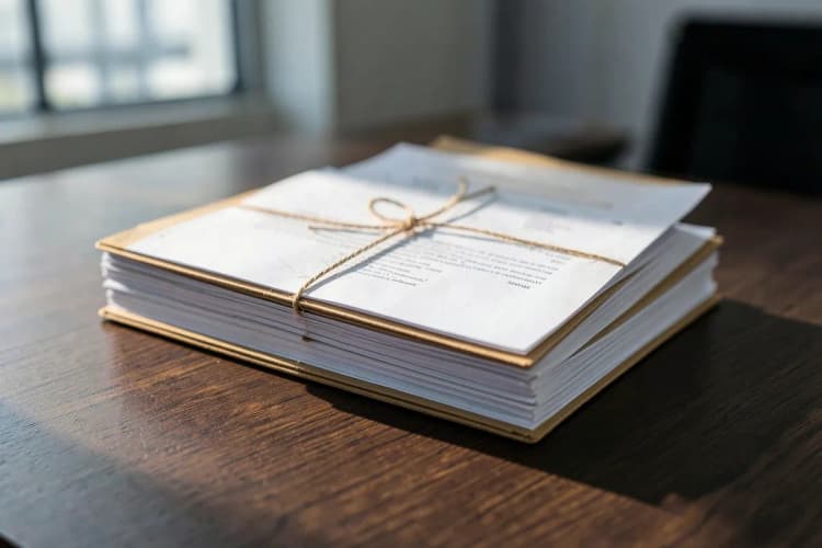Uma pilha de contratos e documentos organizados em uma mesa de escritório, simbolizando a complexidade da gestão de criadores.