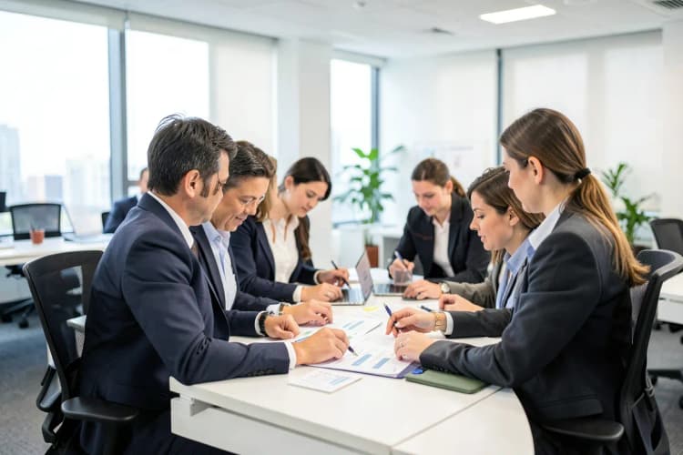 Uma equipe de pessoas revisando relatórios e dados em um ambiente de escritório profissional.