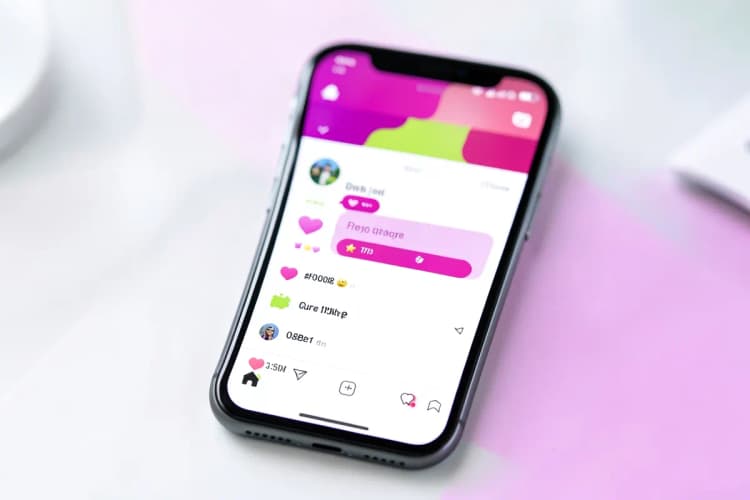 Um close-up de um smartphone exibindo um feed de mídia social com vários ícones de engajamento.