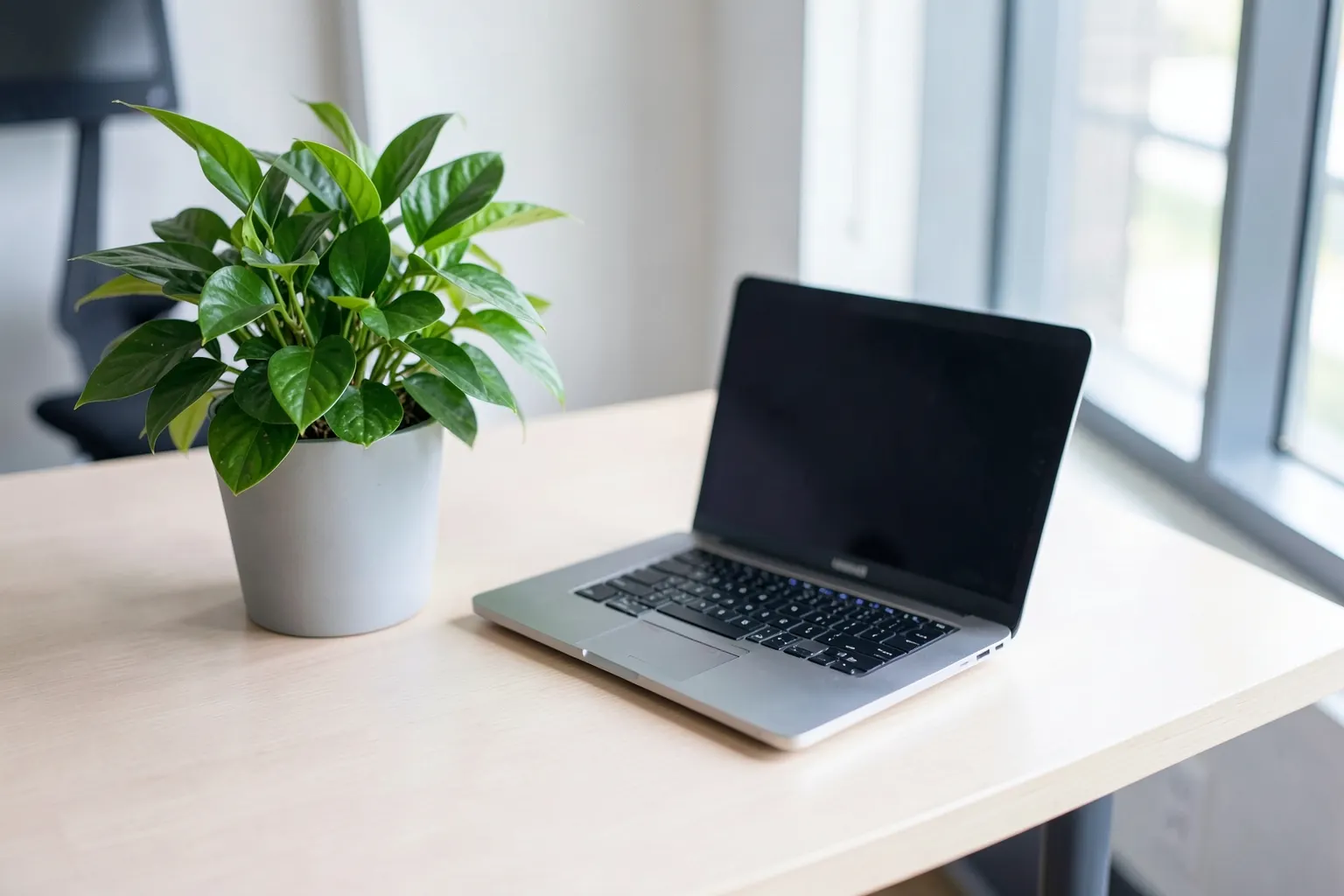 Um escritório moderno com uma mesa de madeira clara, um laptop aberto e um vaso de plantas verdes, com luz natural entrando pela janela.