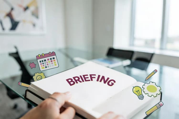 Uma mão escrevendo em um caderno com a palavra "BRIEFING" em destaque, cercado por ícones de planejamento e criatividade.