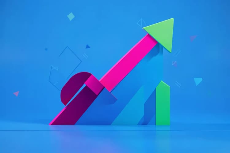 Um gráfico de crescimento estilizado com setas apontando para cima, sobre um fundo azul abstrato com elementos de design gráfico.