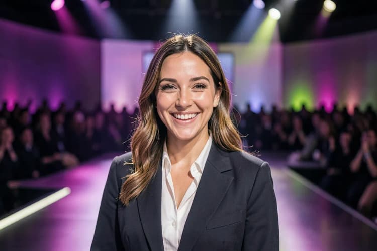 Um influenciador famoso sorrindo para a câmera em um cenário de evento glamoroso, com holofotes e público desfocado ao fundo.