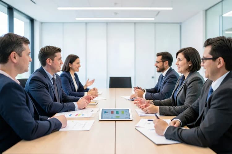 Uma mesa de reunião com várias pessoas discutindo ideias em torno de um tablet, com gráficos e notas espalhadas, simbolizando colaboração e estratégia.