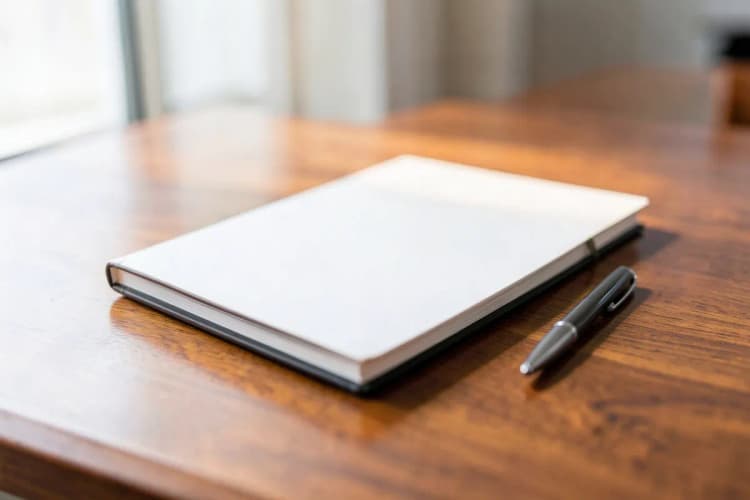Um close-up de um notebook fechado sobre uma mesa de madeira, com uma caneta ao lado, sugerindo planejamento e organização.