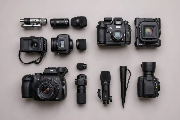Uma coleção de câmeras fotográficas, microfones e outros equipamentos de produção de vídeo dispostos artisticamente sobre um fundo neutro.