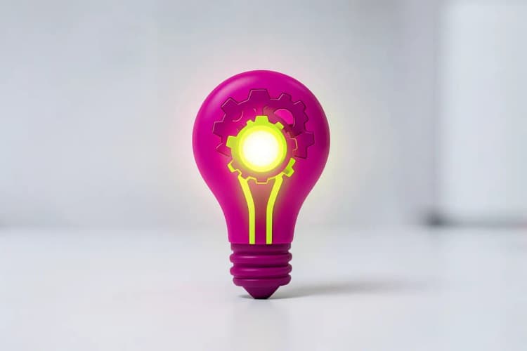 Um ícone estilizado de uma lâmpada acesa com engrenagens girando dentro dela, representando ideias e soluções inovadoras.