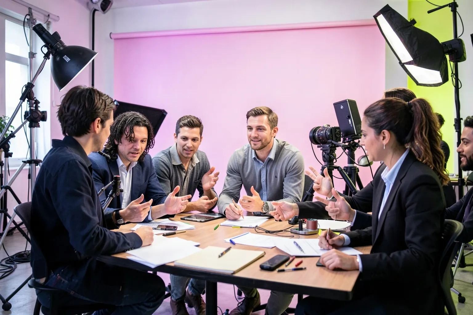 Um grupo de criadores de conteúdo diversos colaborando em um estúdio moderno, com equipamentos de filmagem e iluminação ao redor, em um ambiente vibrante e criativo.