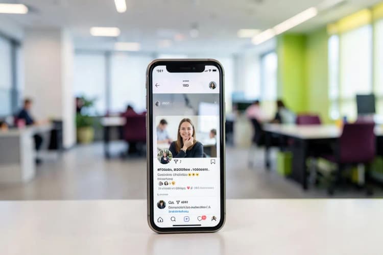 Um close-up de um smartphone mostrando um feed de mídia social com um anúncio em vídeo de um criador de conteúdo, com ícones de curtidas e comentários visíveis.