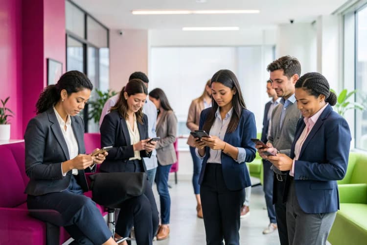 Um grupo diversificado de pessoas de diferentes etnias e idades usando smartphones e tablets em um ambiente urbano moderno.